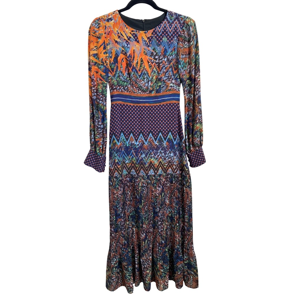 Saloni Silk Mixed Print Pleated Midi Dress US 0 Multicolor Geometric Boho